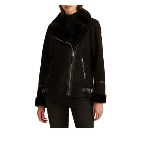 Lauren Ralph Lauren Faux Shearling Moto Jacket in Black - Size XL